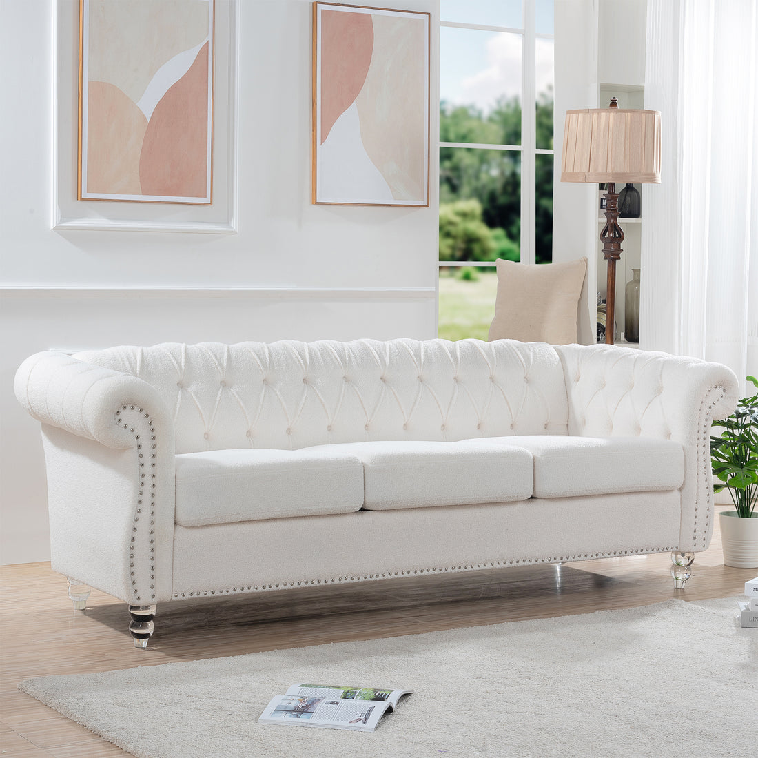84.65" Rolled Arm Chesterfield 3 Seater Sofa White Polyester 3 Seat