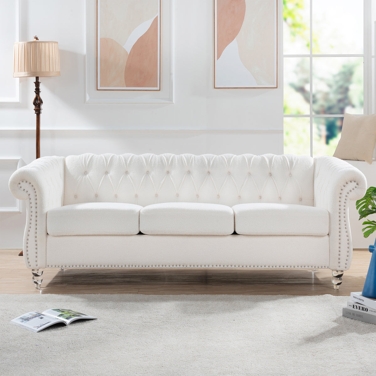 84.65" Rolled Arm Chesterfield 3 Seater Sofa White Polyester 3 Seat