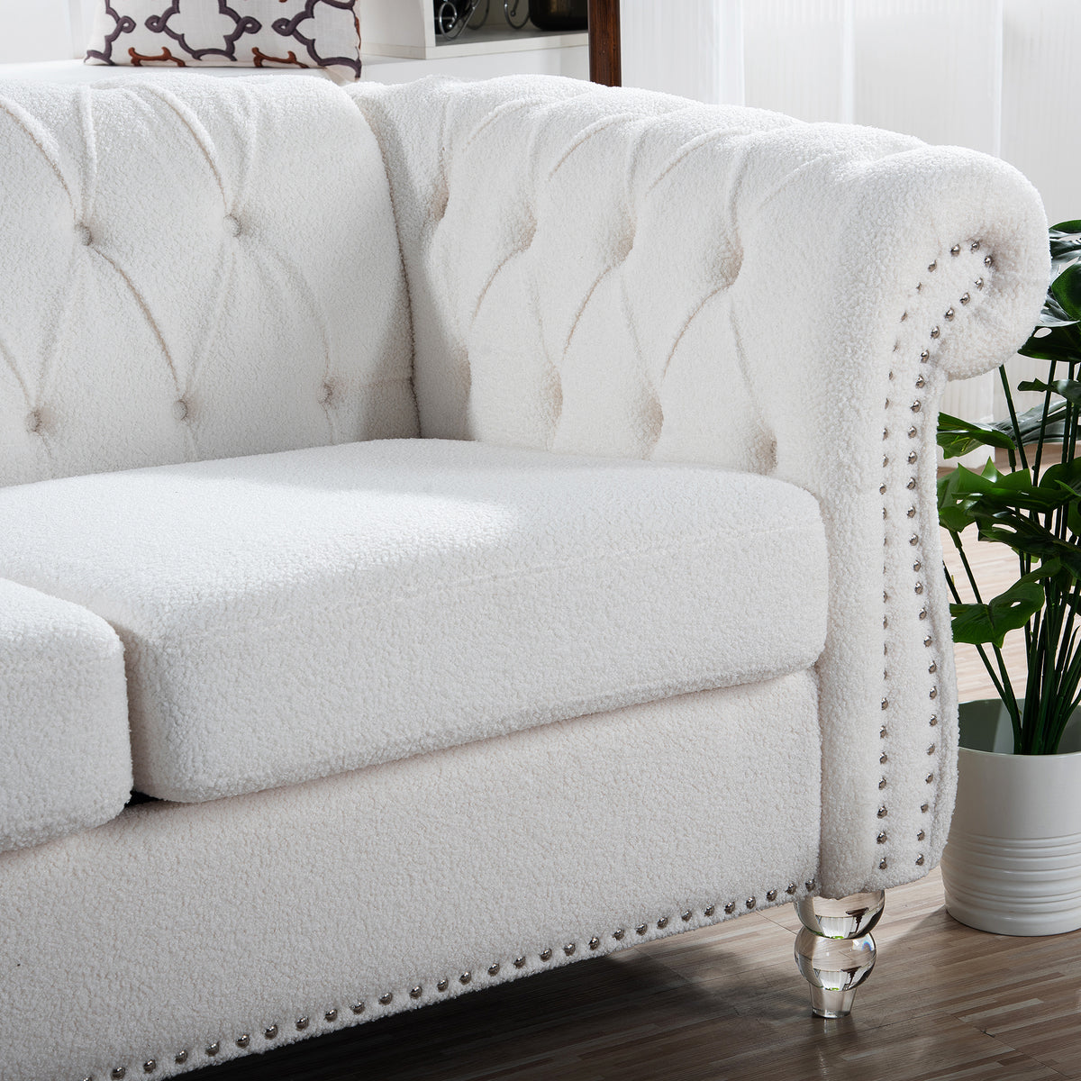 84.65" Rolled Arm Chesterfield 3 Seater Sofa White Polyester 3 Seat