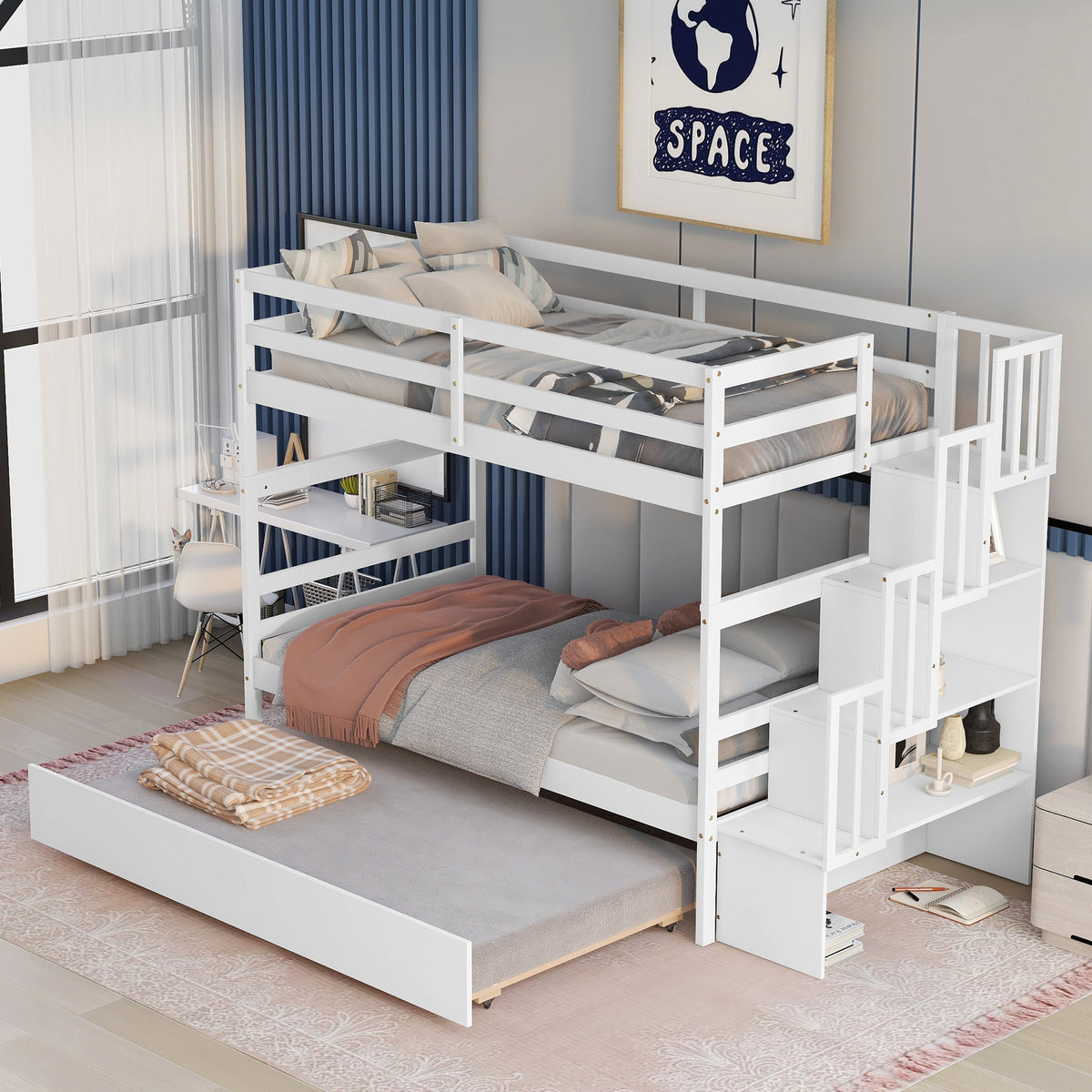 Twin Over Twin Bunk Beds With Twin Trundle And Stairway Storage Function In White Color White Pine