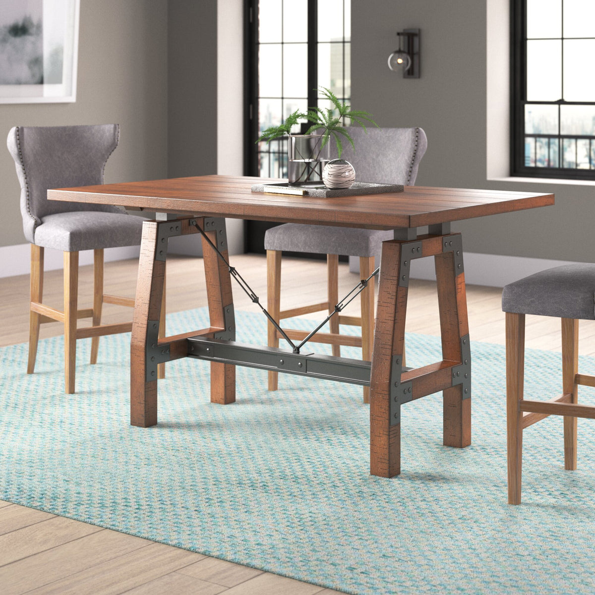 Rustic Brown And Gunmetal Finish 1Pc Counter Height Dining Table Industrial Design Wooden Dining Furniture Brown Mix Dining Room Industrial,Rustic Wood
