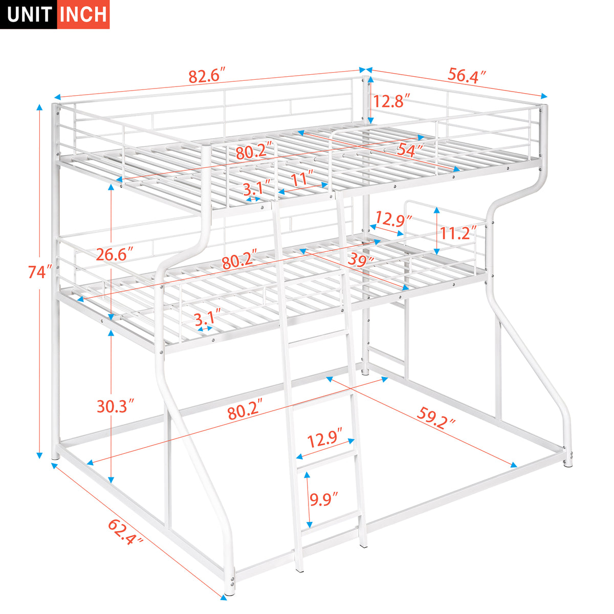 Full Xl Over Twin Xl Over Queen Size Triple Bunk Bed With Long And Short Ladder,White Box Spring Not Required White Metal Bedroom Bunk Metal