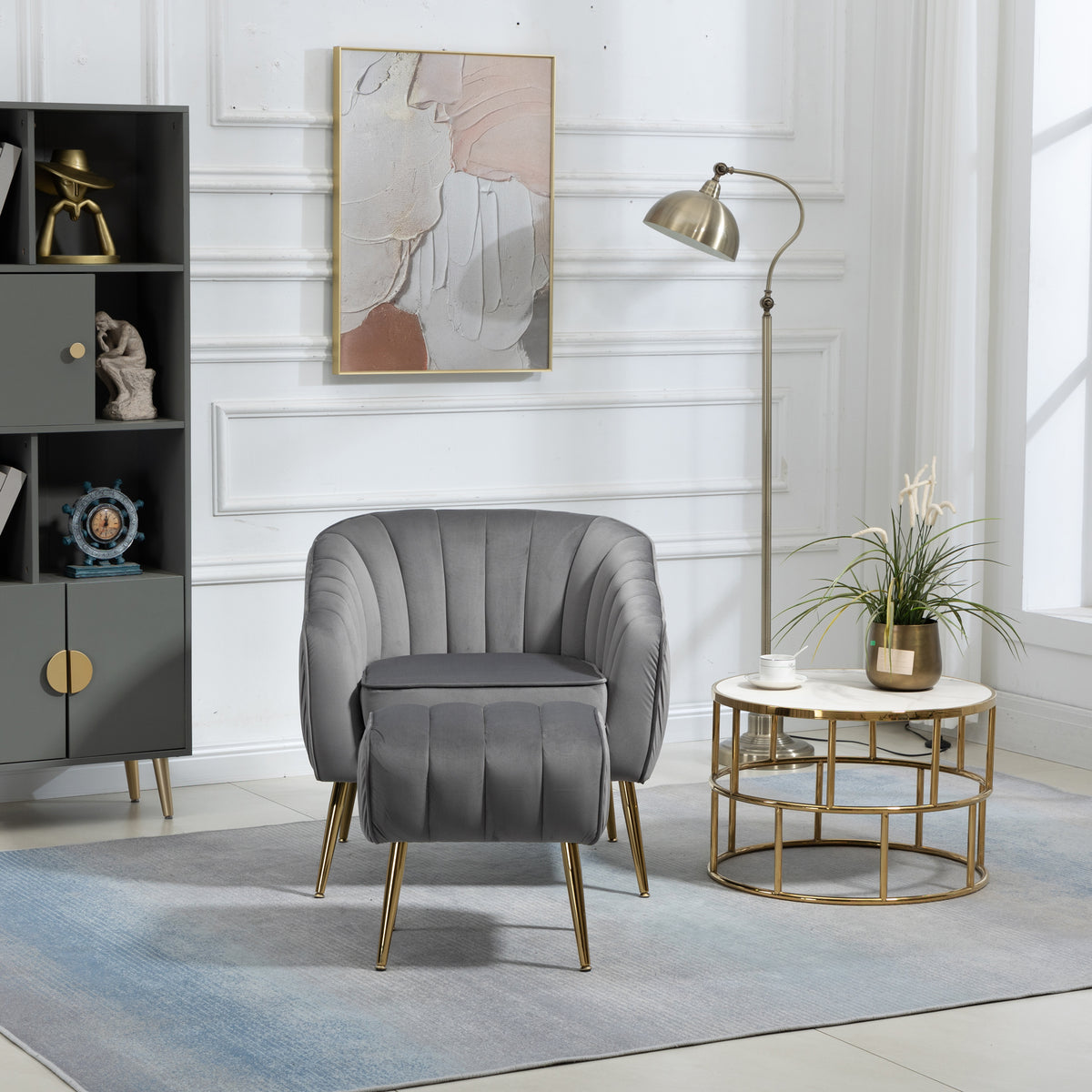 Velvet Accent Chair With Ottoman, Modern Tufted Barrel Chair Ottoman Set For Living Room Bedroom, Golden Finished, Grey Grey Foam Velvet