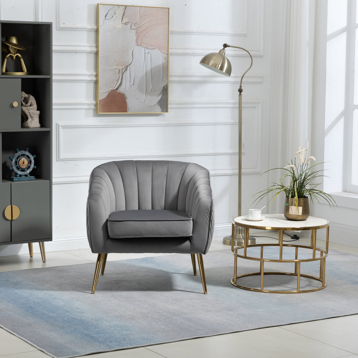Velvet Accent Chair With Ottoman, Modern Tufted Barrel Chair Ottoman Set For Living Room Bedroom, Golden Finished, Grey Grey Foam Velvet
