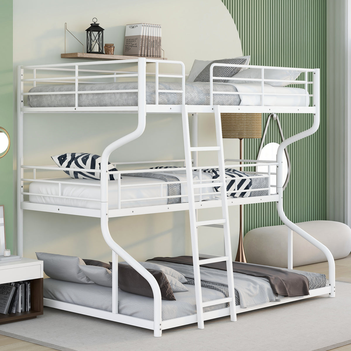 Full Xl Over Twin Xl Over Queen Size Triple Bunk Bed With Long And Short Ladder,White Box Spring Not Required White Metal Bedroom Bunk Metal