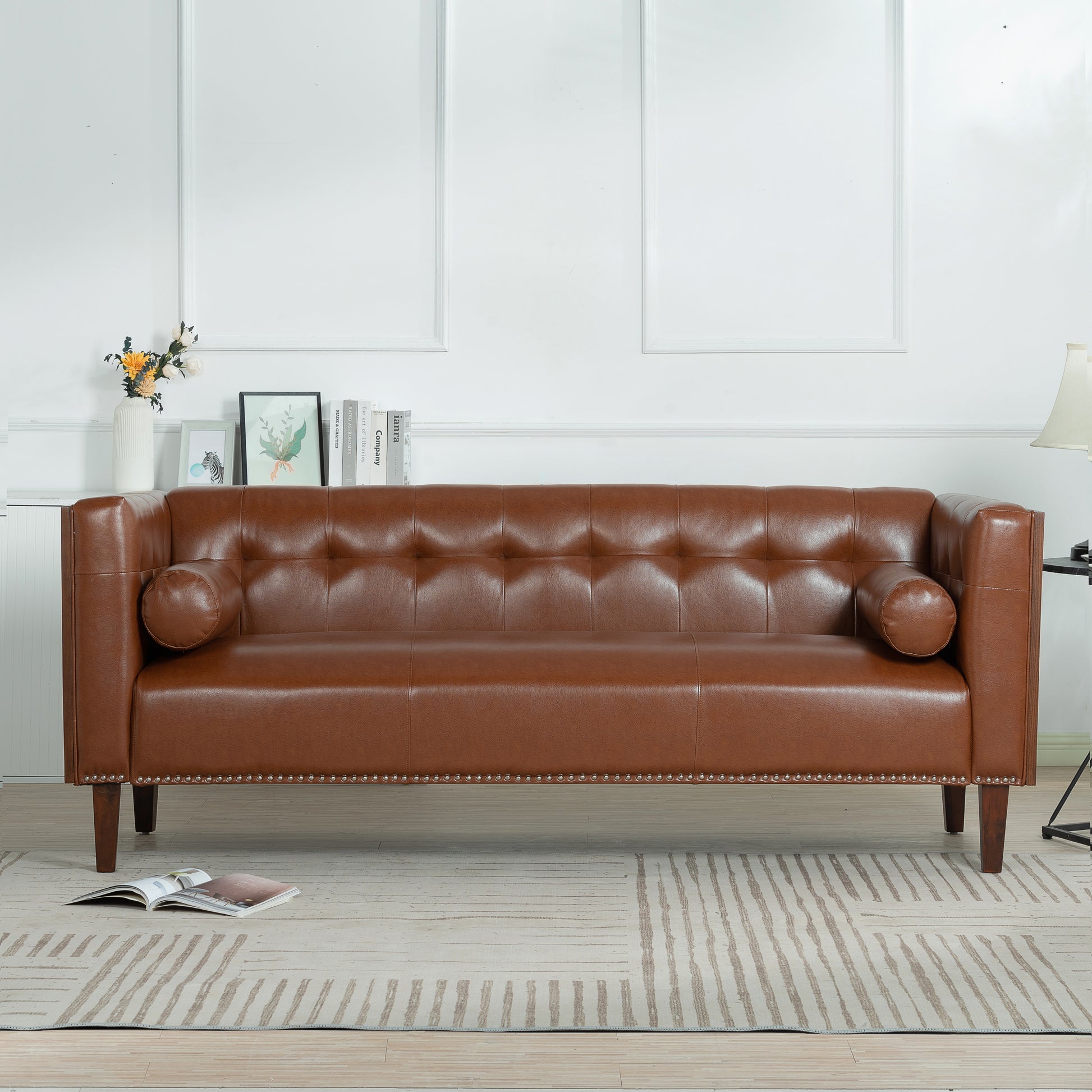 78.74" Wooden Decorated Arm 3 Seater Sofa Brown Pu Pu