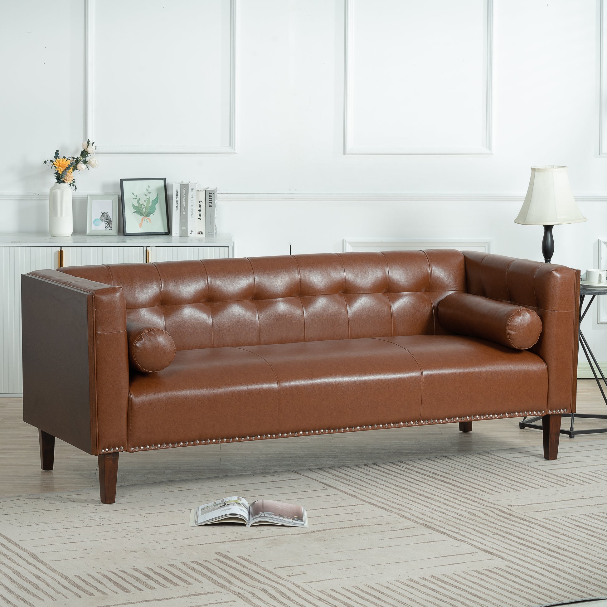 78.74" Wooden Decorated Arm 3 Seater Sofa Brown Pu Pu