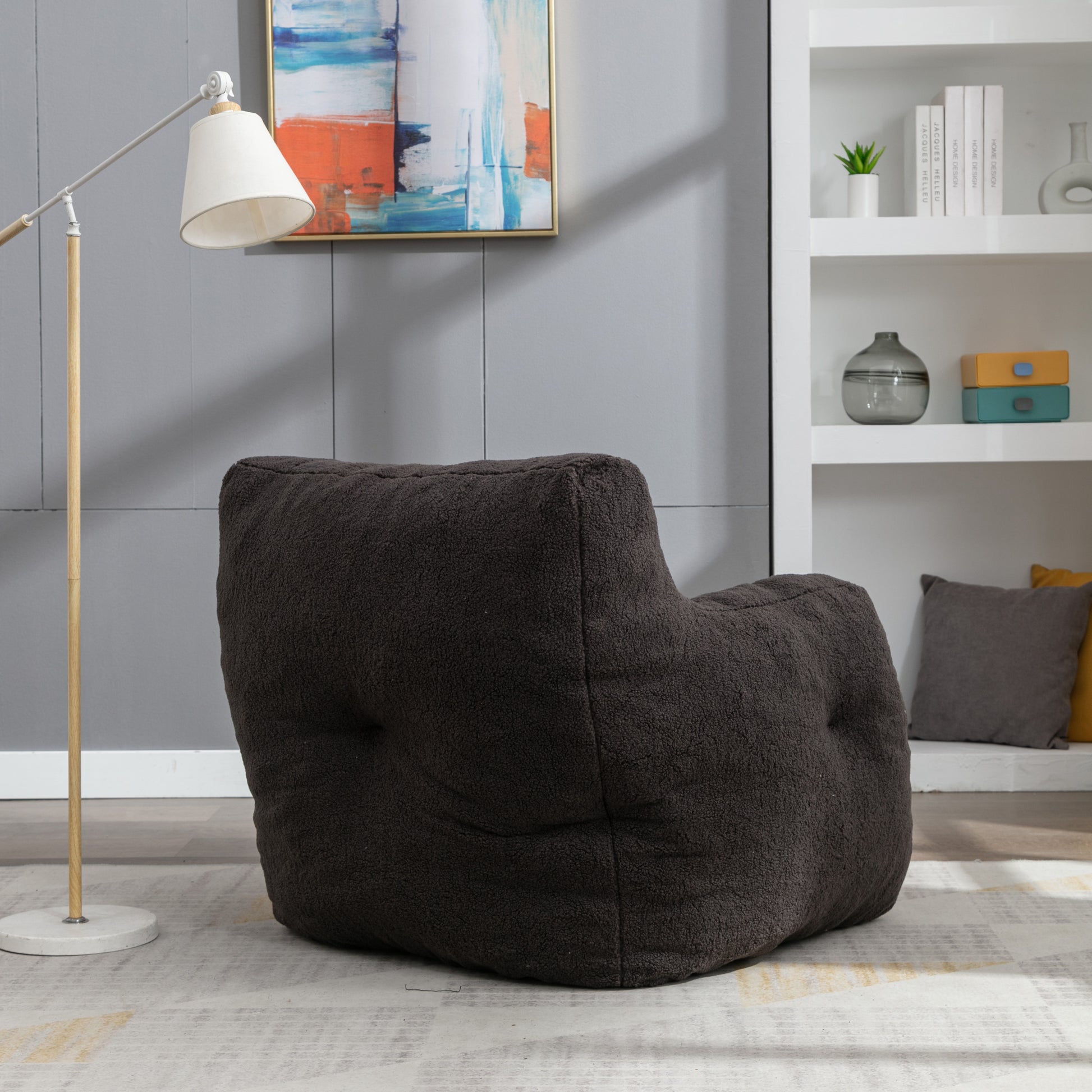 010 Soft Teddy Fabric Tufted Foam Bean Bag Chair With Teddy Fabric Dark Gray Dark Gray Primary Living Space Soft Modern Memory Foam Teddy