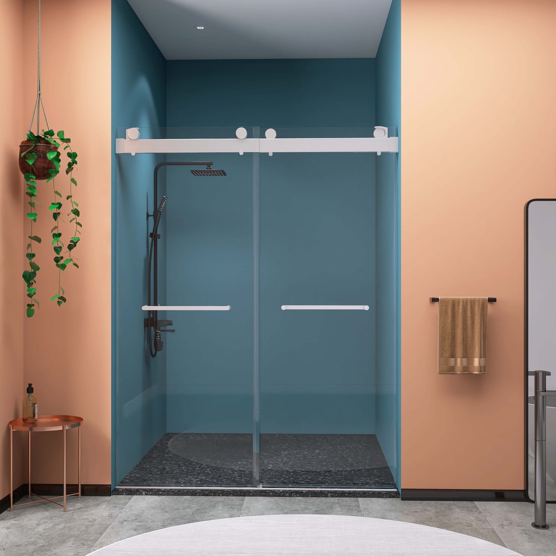 Frameless Double Sliding Shower, 57" 60" Width, 79" Height, 3 8" 10 Mm Clear Tempered Glass,Designed For Smooth Door With Clear Tempered Glass And Stainless Steel Hardware Brushed Nickel Brushed Nickel Glass