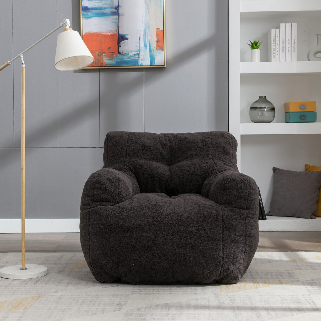 010 Soft Teddy Fabric Tufted Foam Bean Bag Chair With Teddy Fabric Dark Gray Dark Gray Primary Living Space Soft Modern Memory Foam Teddy