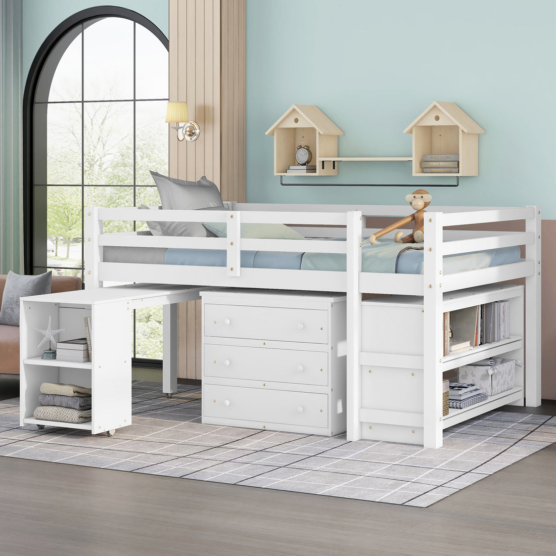 Low Study Full Loft Bed With Cabinet ,Shelves And Rolling Portable Desk ,Multiple Functions Bed White White Solid Wood
