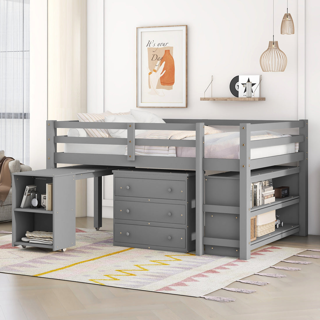 Low Study Full Loft Bed With Cabinet ,Shelves And Rolling Portable Desk ,Multiple Functions Bed Gray Gray Solid Wood