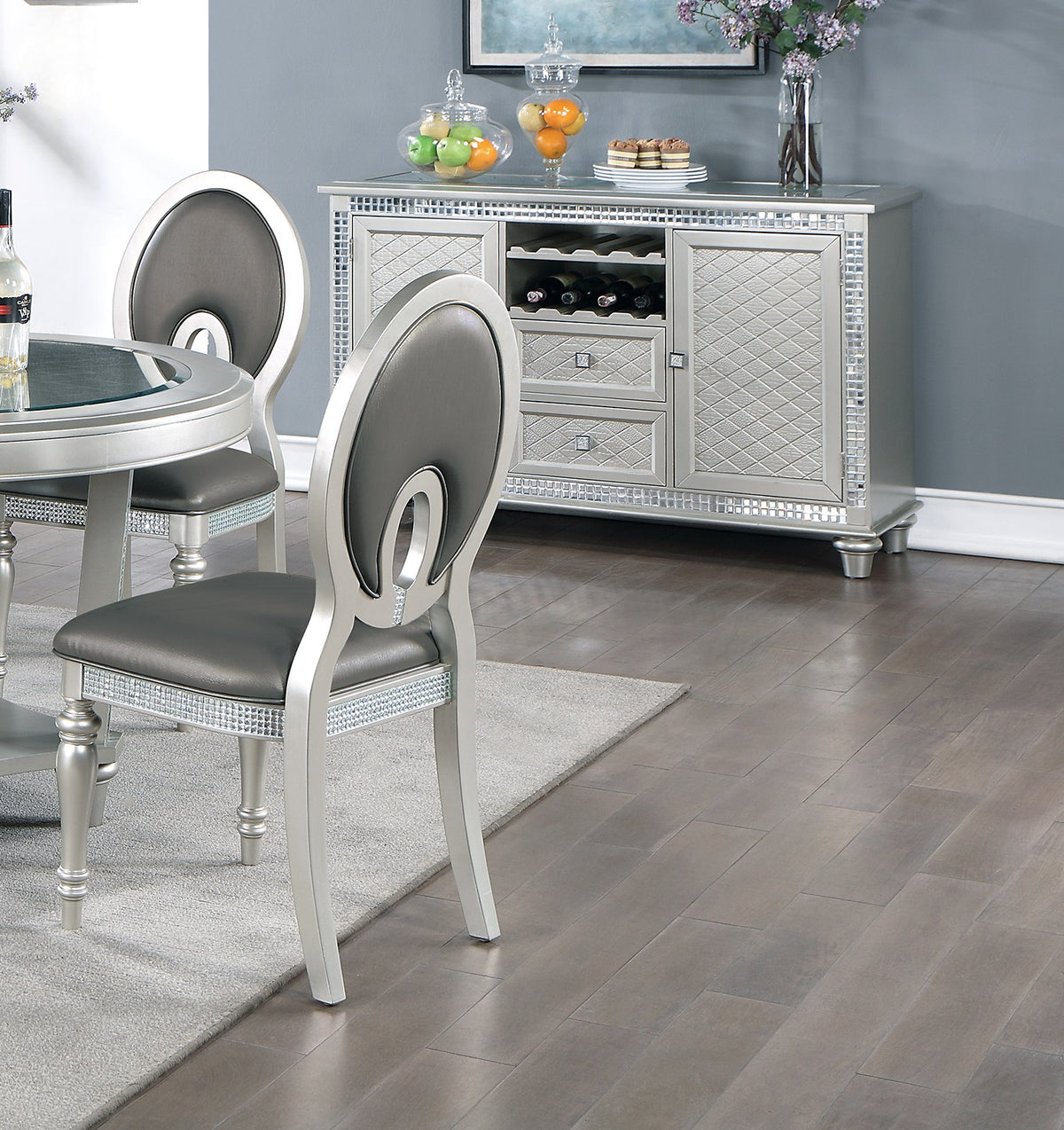 Formal Traditional Dining Room Furniture Chairs Set Of 2 Chairs Dark Gray Hue Accent Silver Side Chair Cutout Back Chair Cushion Seat Silver Dining Room Classic,Traditional Solid Wood