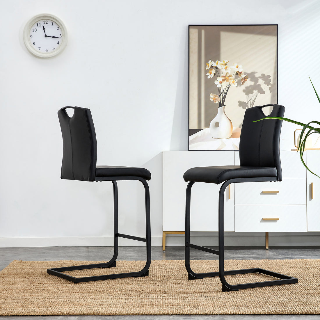 Black Pu Chair Barstool Dining Counter Height Chair Set Of 2 Black Pu