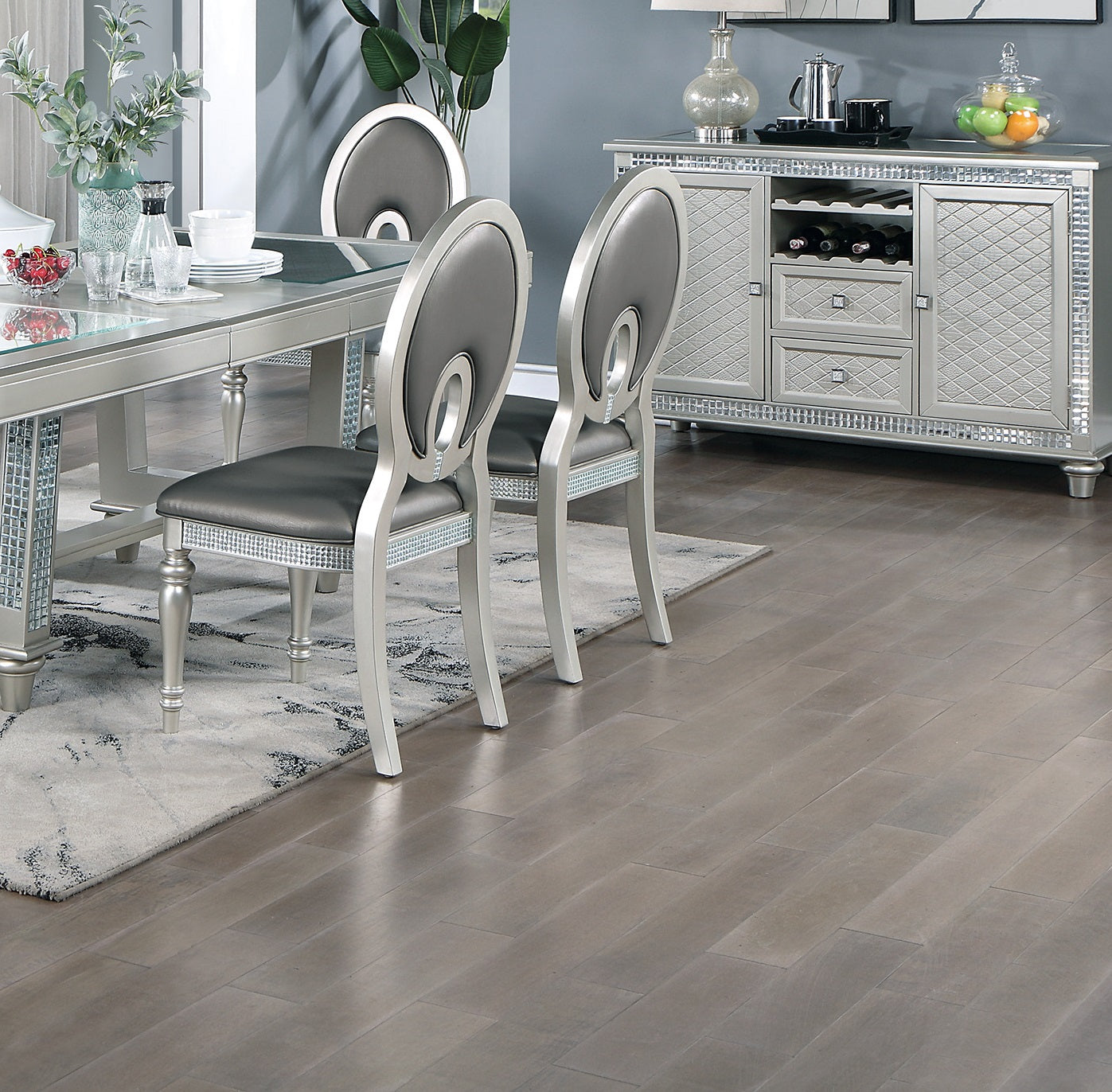 Antique Traditional Dining Table And 6 Side Chairs Rectangle Table Top W Glass Insert Leaf Cut Out Back Chairs Kitchen Formal 7Pc Set Dining Room Furniture Silver Gray Dining Room