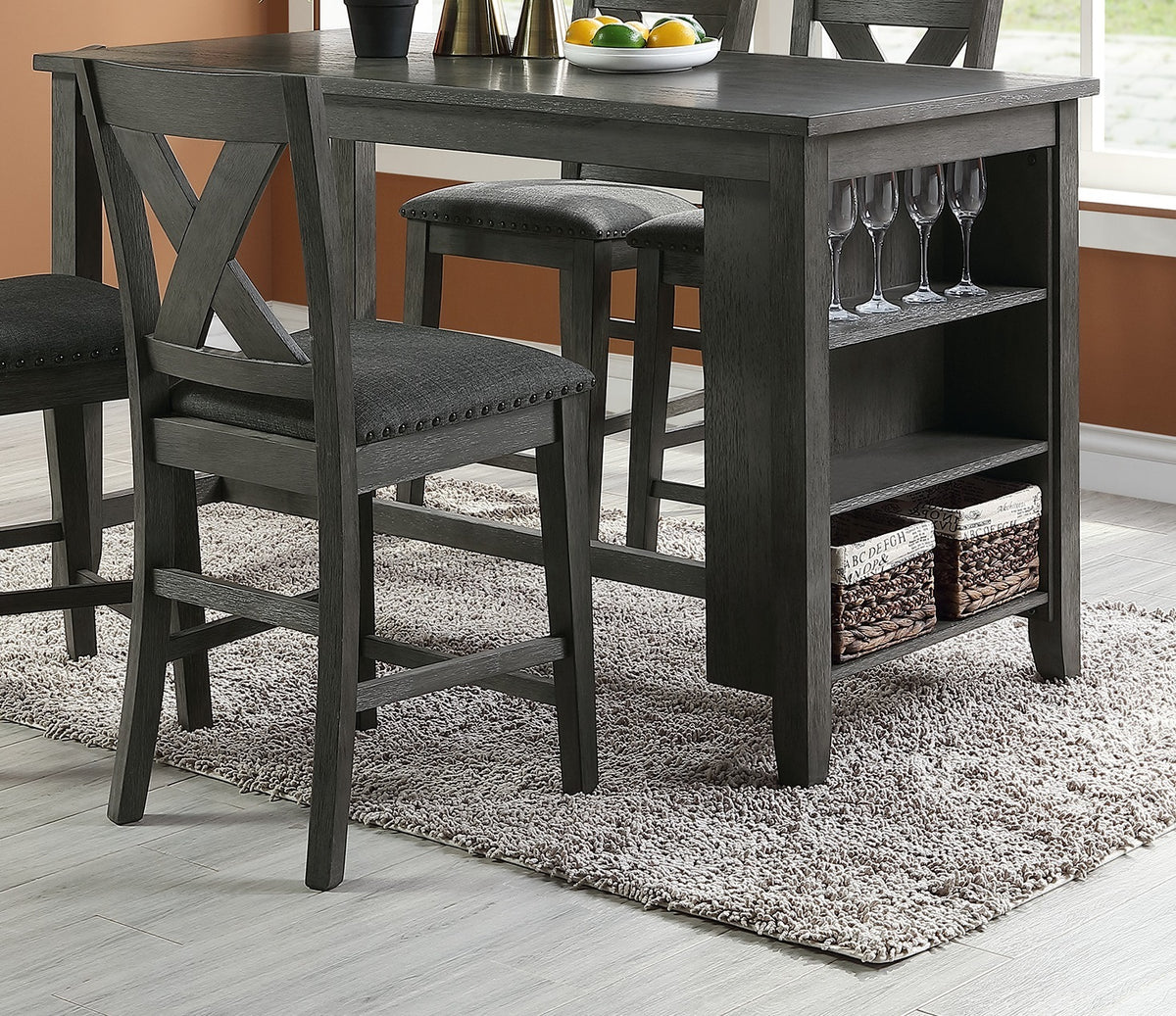 Modern Gray Wash Finish 5Pc Counter Height High Dining Table W Storage Shelves 4X High Chairs Wooden Kitchen Breakfast Table Dining Room Furniture Gray Wash Dining Room Contemporary,Modern Kitchen & Dining Tables Solid Wood