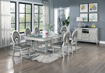 Antique Traditional Dining Table And 6 Side Chairs Rectangle Table Top W Glass Insert Leaf Cut Out Back Chairs Kitchen Formal 7Pc Set Dining Room Furniture Silver Gray Dining Room