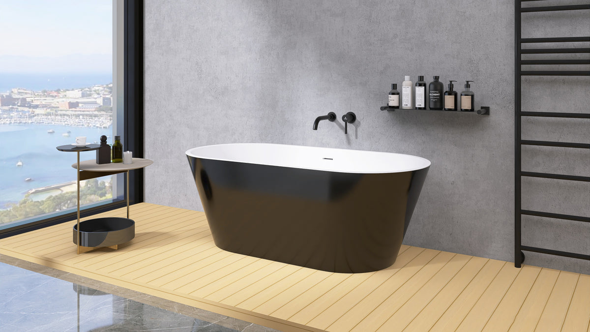 59" Acrylic Free Standing Tub Classic Oval Shape Soaking Tub, Adjustable Freestanding Bathtub With Integrated Slotted Overflow And Chrome Pop Up Drain Anti Clogging Gloss Black Black Oval Bathroom Freestanding Tubs Polished 59 61 In Modern Soaking Center