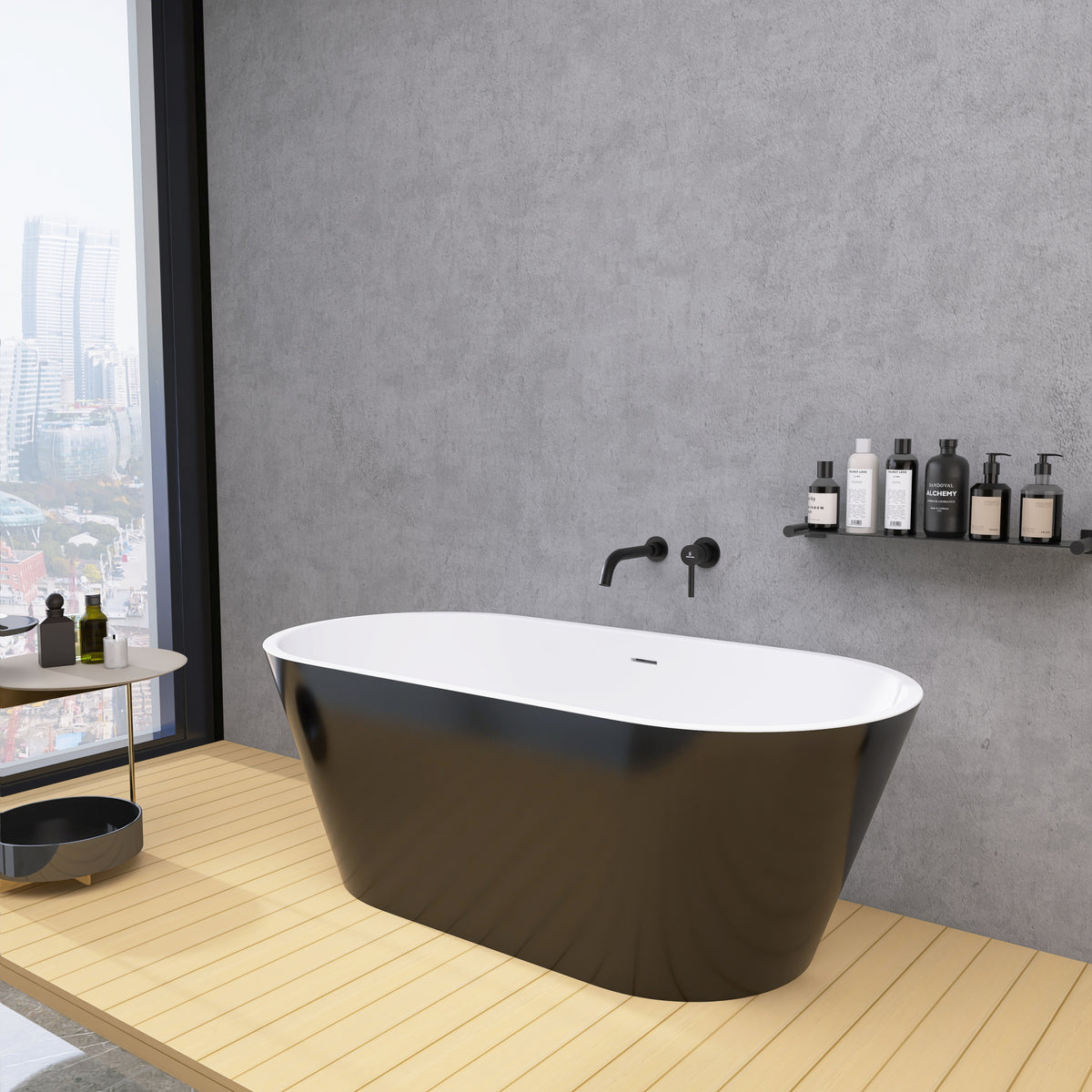 59" Acrylic Free Standing Tub Classic Oval Shape Soaking Tub, Adjustable Freestanding Bathtub With Integrated Slotted Overflow And Chrome Pop Up Drain Anti Clogging Gloss Black Black Oval Bathroom Freestanding Tubs Polished 59 61 In Modern Soaking Center