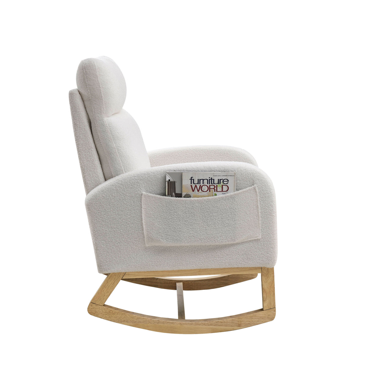 Video Welike 27.6"W Modern Accent High Backrest Living Room Lounge Arm Rocking Chair, Two Side Pocket ,Teddy White Ivory Ivory Foam Fabric