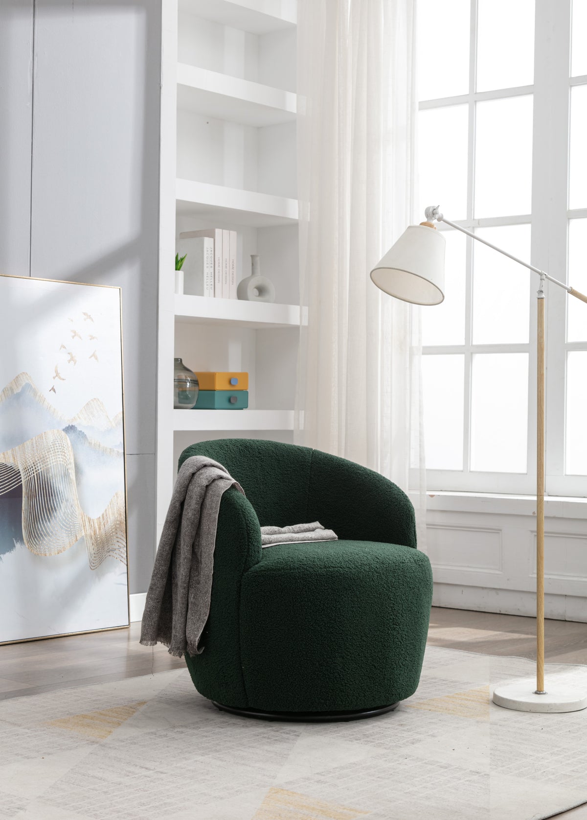 Teddy Fabric Swivel Accent Armchair Barrel Chair With Black Powder Coating Metal Ring,Dark Green Green Foam Upholstered