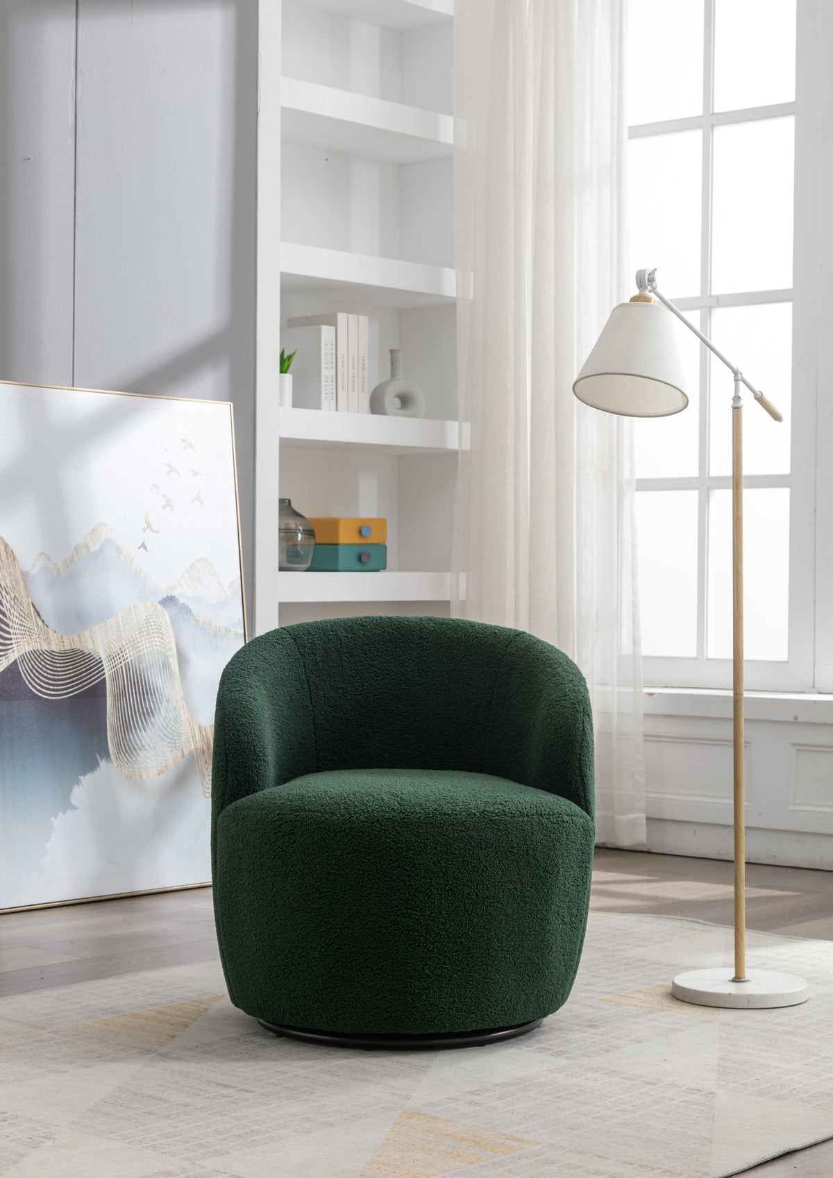 Teddy Fabric Swivel Accent Armchair Barrel Chair With Black Powder Coating Metal Ring,Dark Green Green Foam Upholstered
