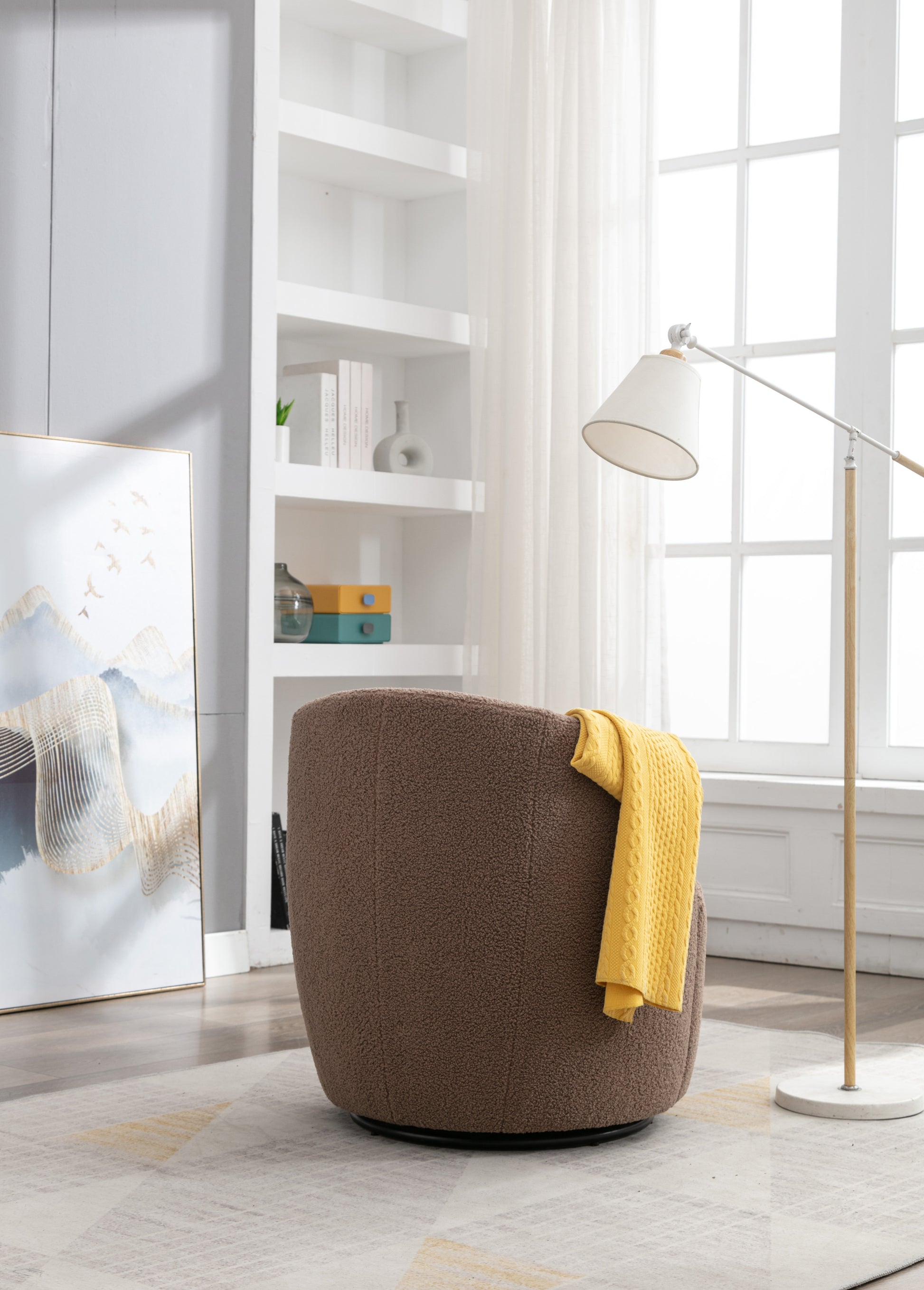 Teddy Fabric Swivel Accent Armchair Barrel Chair With Black Powder Coating Metal Ring,Coffee Brown Coffee Foam Upholstered