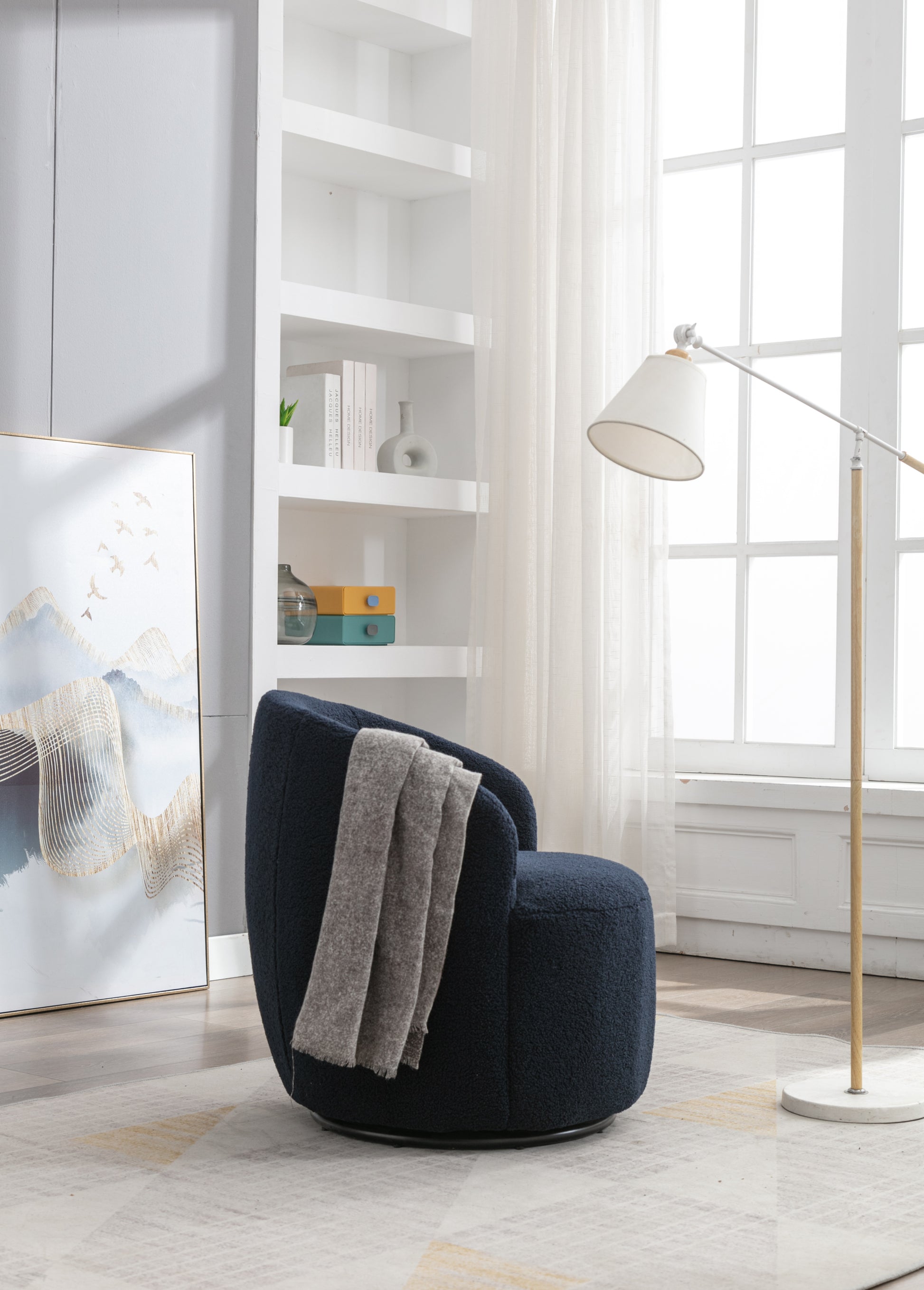 Teddy Fabric Swivel Accent Armchair Barrel Chair With Black Powder Coating Metal Ring,Dark Blue Dark Blue Foam Upholstered