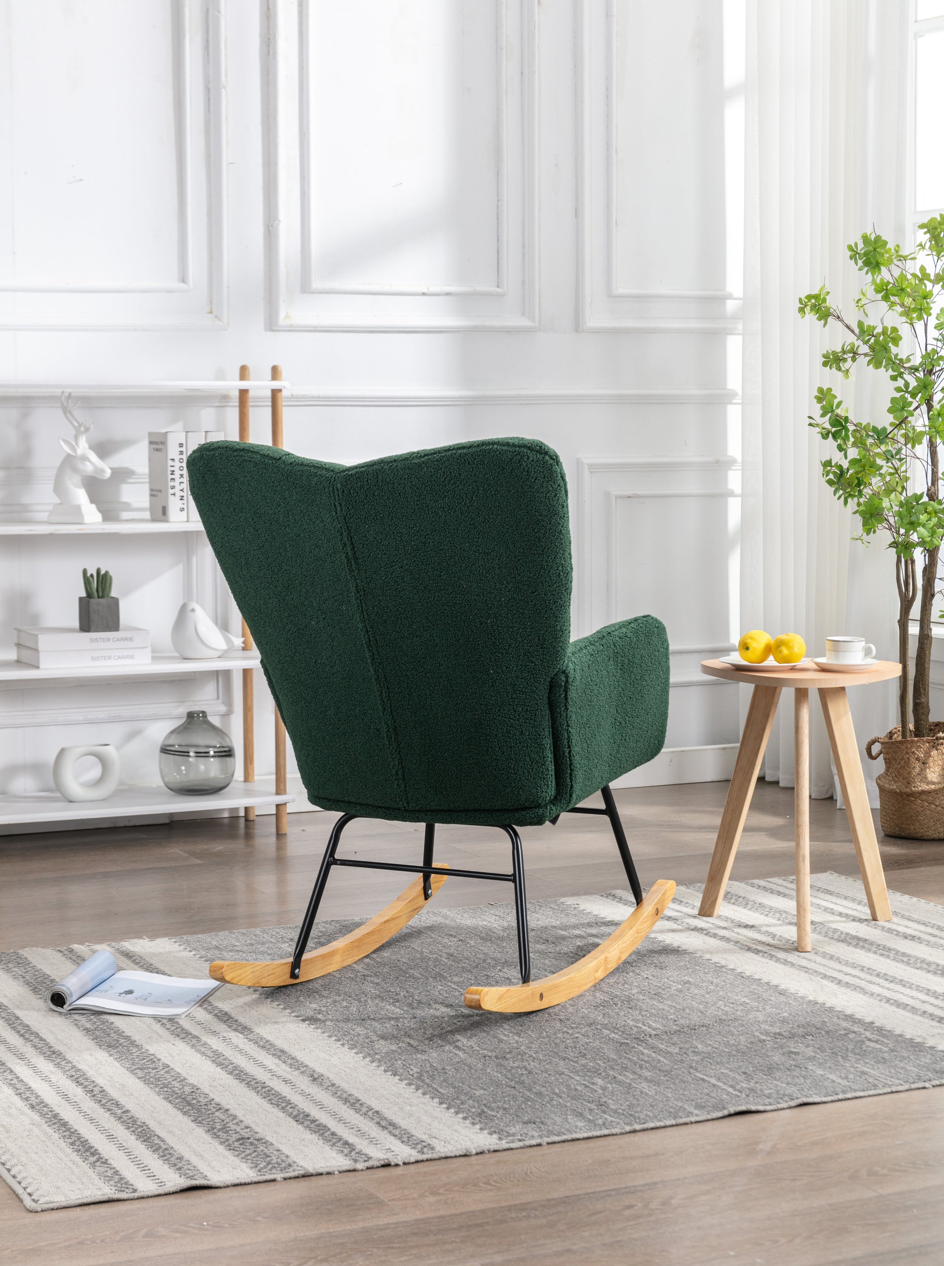 Mid Century Modern Teddy Fabric Tufted Upholstered Rocking Chair Padded Seat For Living Room Bedroom,Dark Green Dark Green Foam Wool