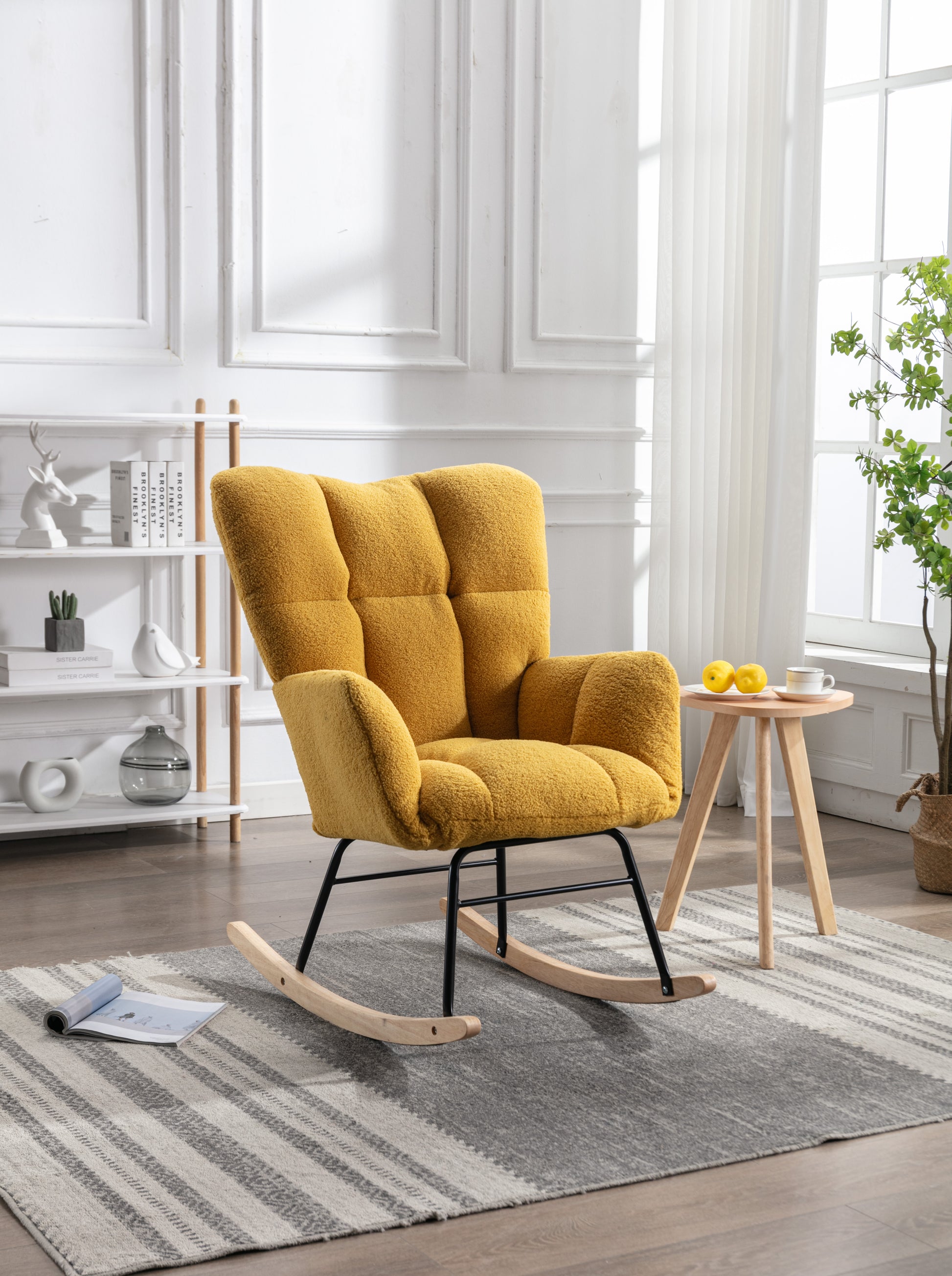 Mid Century Modern Teddy Fabric Tufted Upholstered Rocking Chair Padded Seat For Living Room Bedroom,Yellow Yellow Foam Wool