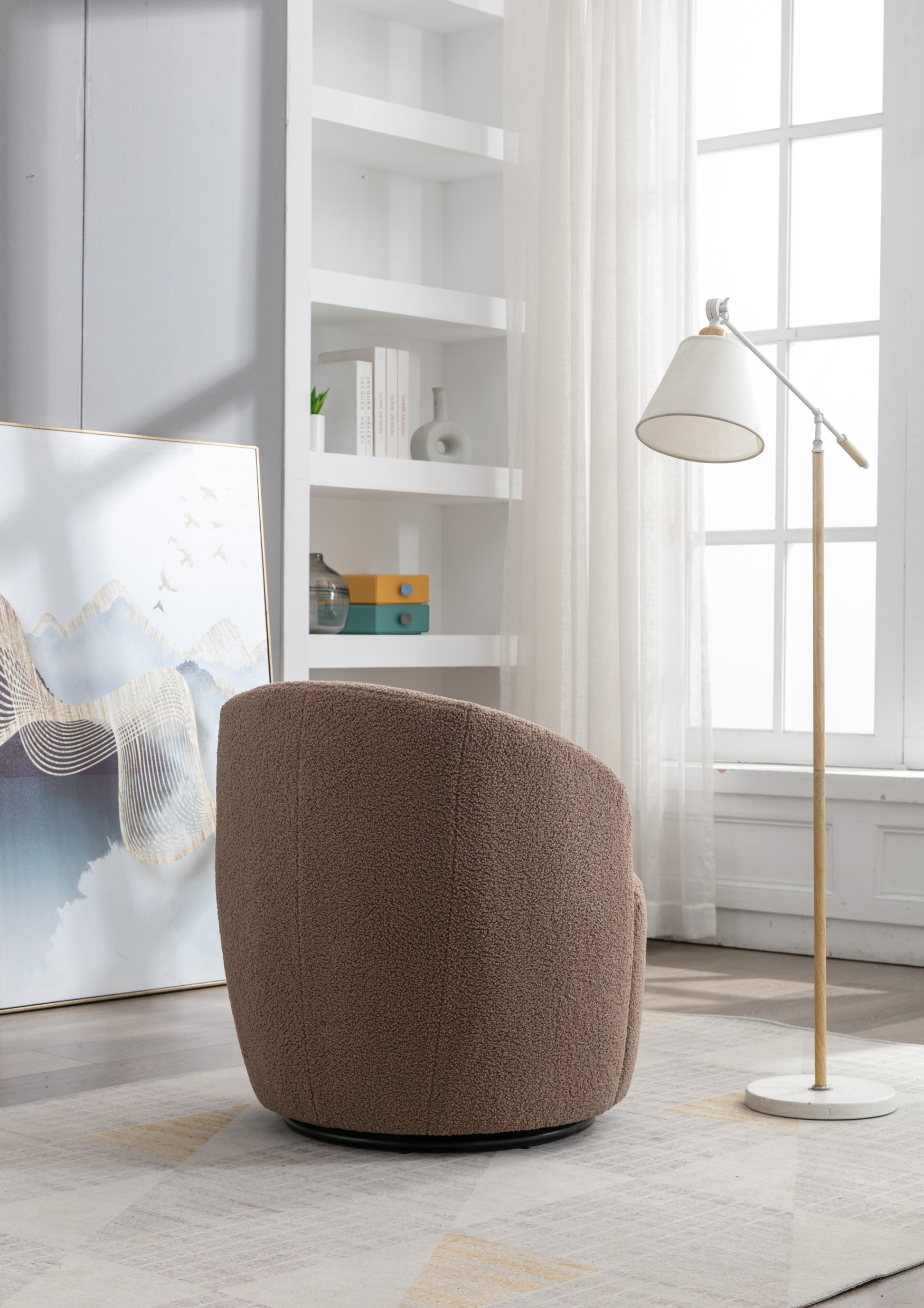Teddy Fabric Swivel Accent Armchair Barrel Chair With Black Powder Coating Metal Ring,Coffee Brown Coffee Foam Upholstered
