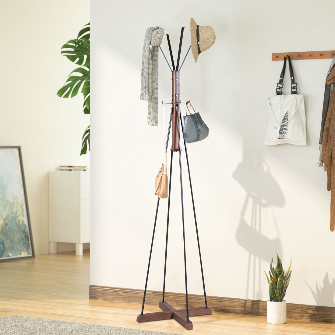 Reclaimed Wood And Metal Freestanding Coat Rack With Hooks Use In Bedroom, Living Room Natural Wood Stainless Steel