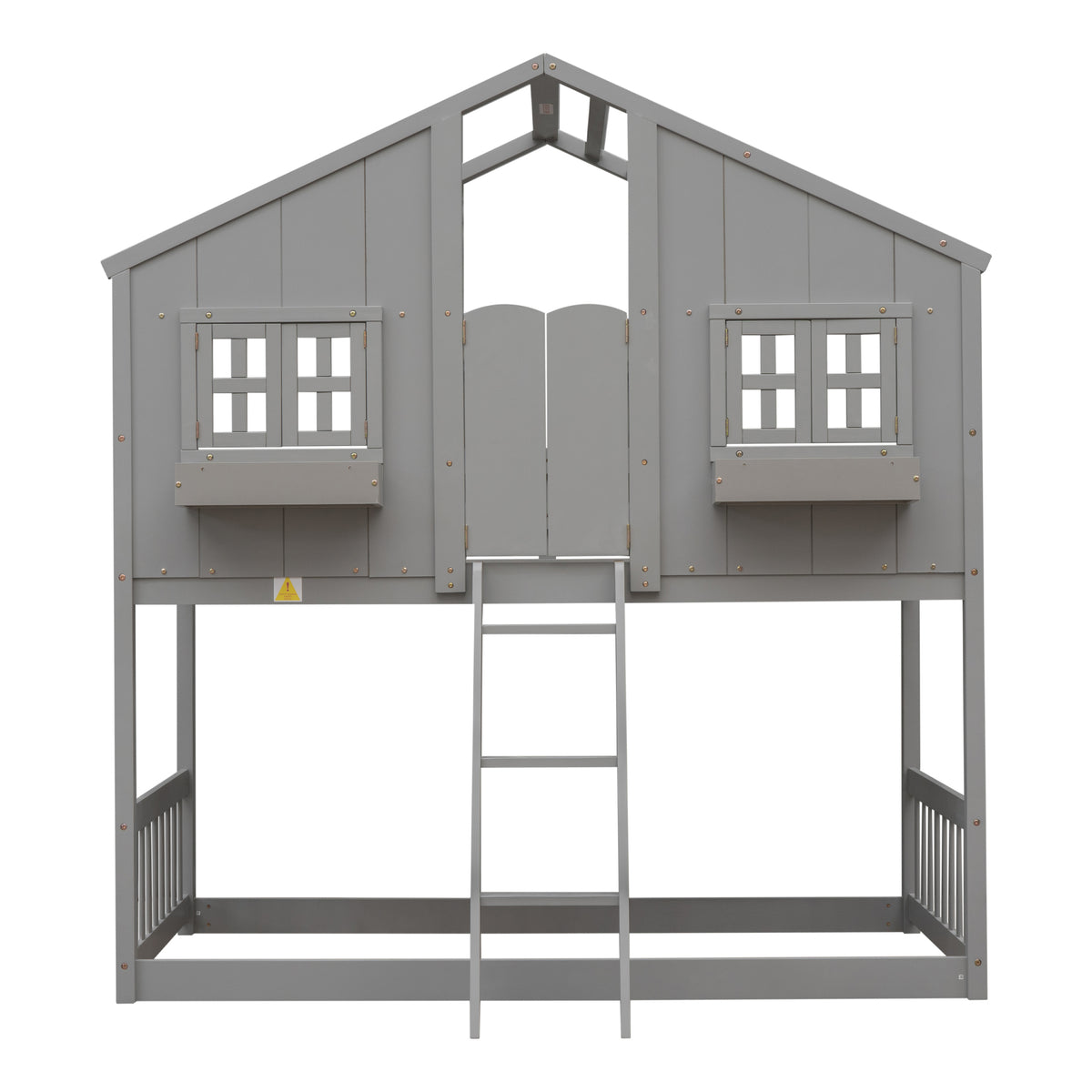 Twin Over Twin House Bunk Bed With Roofwindow, Window Box, Doorwith Safety Guardrails And Ladder, Grey Twin Grey Pine