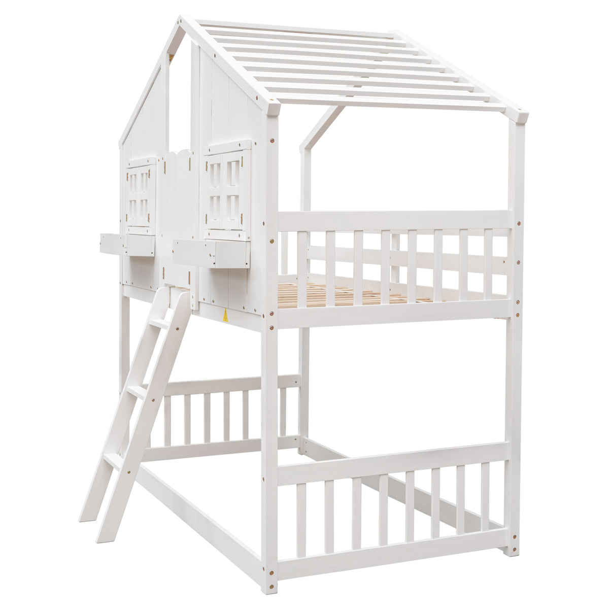 Twin Over Twin House Bunk Bed With Roofwindow, Window Box, Doorwith Safety Guardrails And Ladder,White Twin White Pine