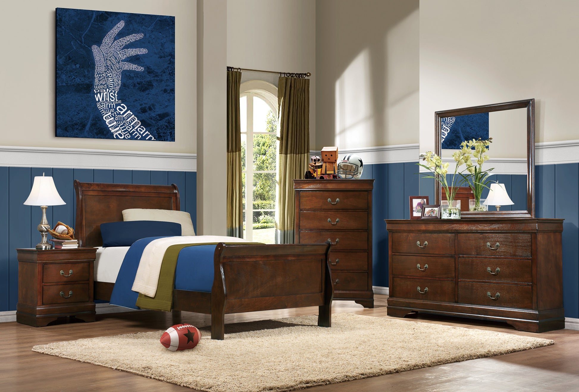 Classic Louis Philipe Style Twin Size Bed Brown Cherry Finish 1Pc Traditional Design Bedroom Furniture Sleigh Bed Box Spring Required Twin Brown Wood Bedroom Traditional,Transitional Bed Frame Wood