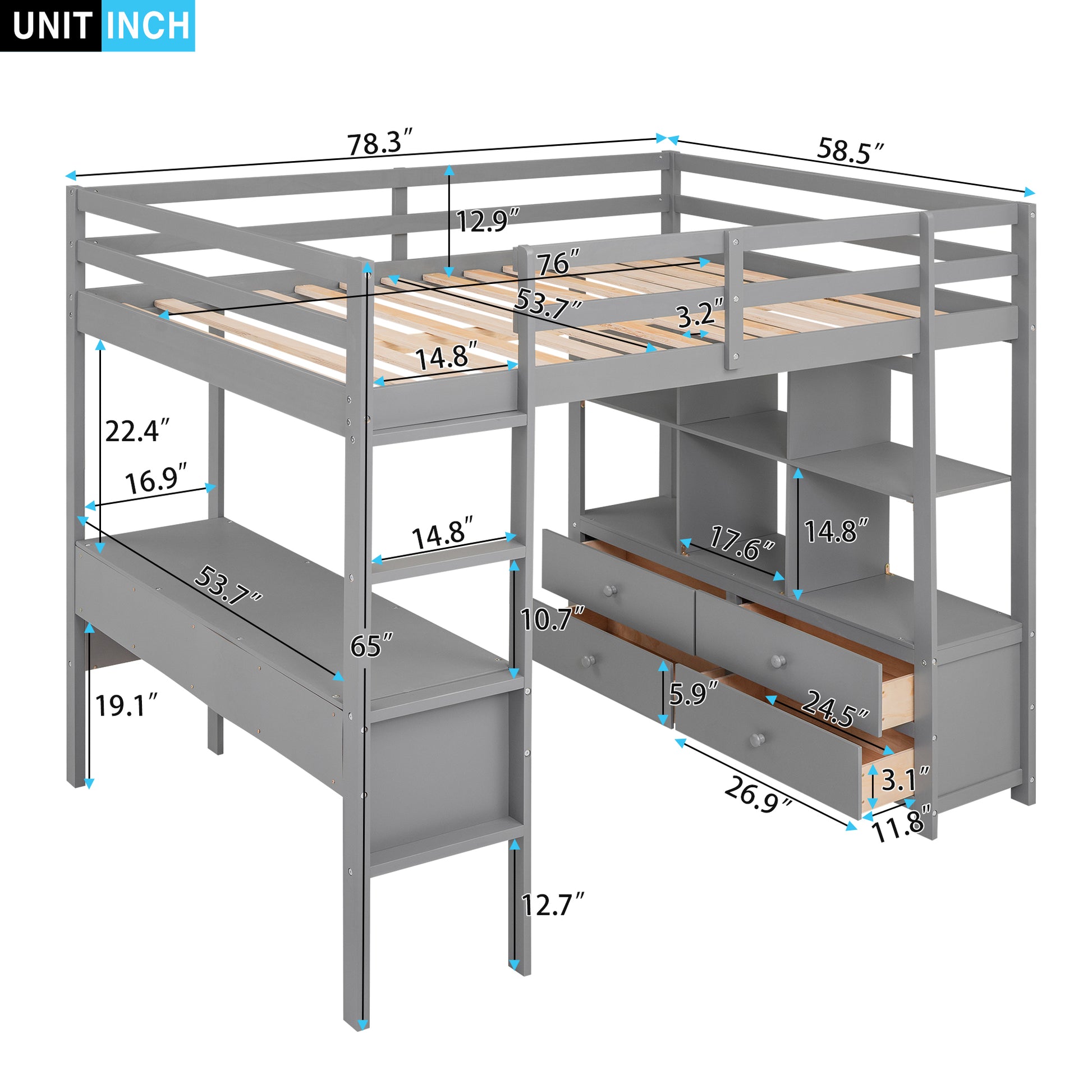 Full Size Loft Bed With Built In Desk With Two Drawers, And Storage Shelves And Drawers,Gray Old Sku: Gx000320Aae Box Spring Not Required Full Gray Wood Bedroom Pine
