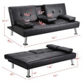 Mega Futon Sofa Bed, Modern Faux Leather Convertible Folding Lounge Sofa For Living Room With 2 Cup Holders Removable Soft Armrests And Sturdy Metal Legs, Charming Black. Black Foam Pu