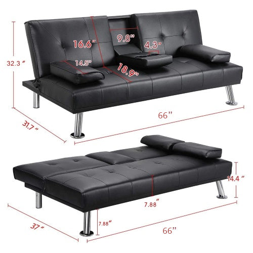 Mega Futon Sofa Bed, Modern Faux Leather Convertible Folding Lounge Sofa For Living Room With 2 Cup Holders Removable Soft Armrests And Sturdy Metal Legs, Charming Black. Black Foam Pu