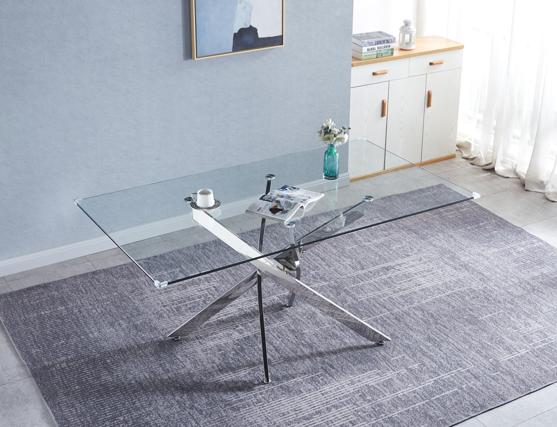 Rectangular Tempered Glass Dining Table, Modern Dining Room Interior Design, For 6 People Silver Glass