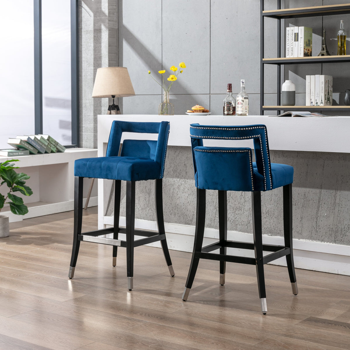 Suede Velvet Barstool With S Living Room Chair2 Pcs Set 30 Inch Seater Height Navy Blue Foam Fabric