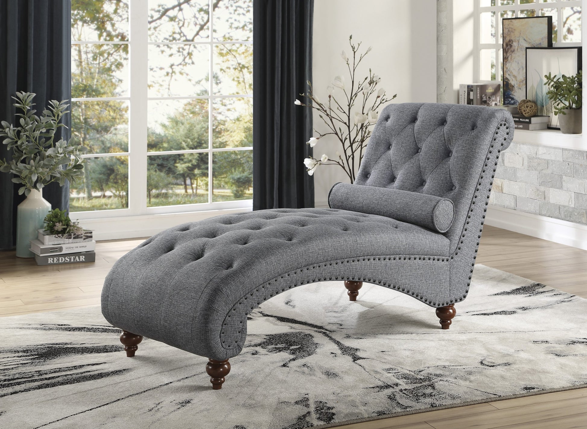 Modern Stylish Gray Color 1Pc Chaise Button Tufted Trim W Bolster Pillow Comfortable Living Room Furniture Solid Wood And Plywood Frame Gray Primary Living Space Modern,Traditional Solid Wood