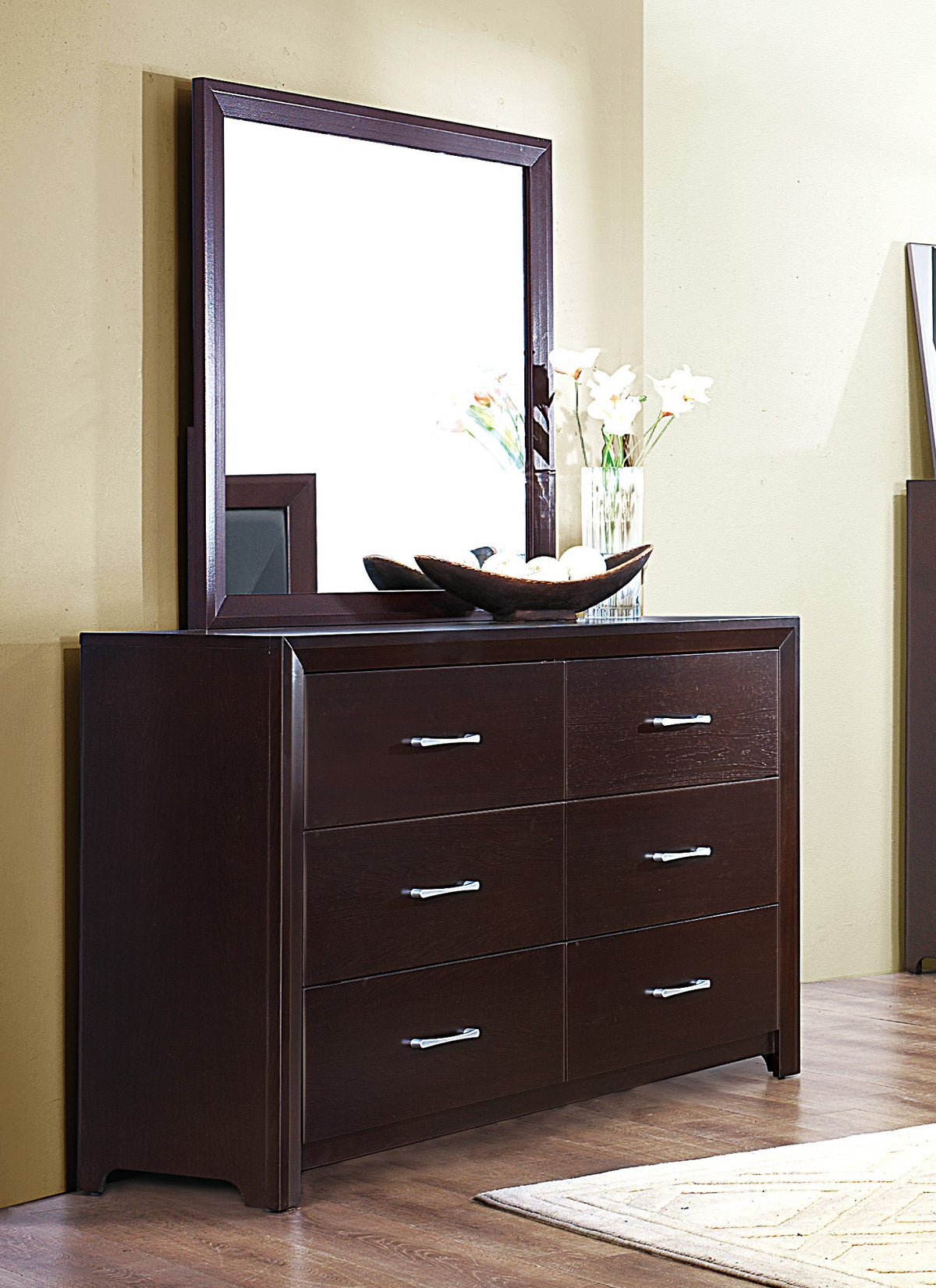 Espresso Finish 1Pc Dresser Of 6X Drawers Silver Tone Bar Pulls Contemporary Design Bedroom Furniture Espresso 5 Drawers & Above Bedroom Contemporary Wood