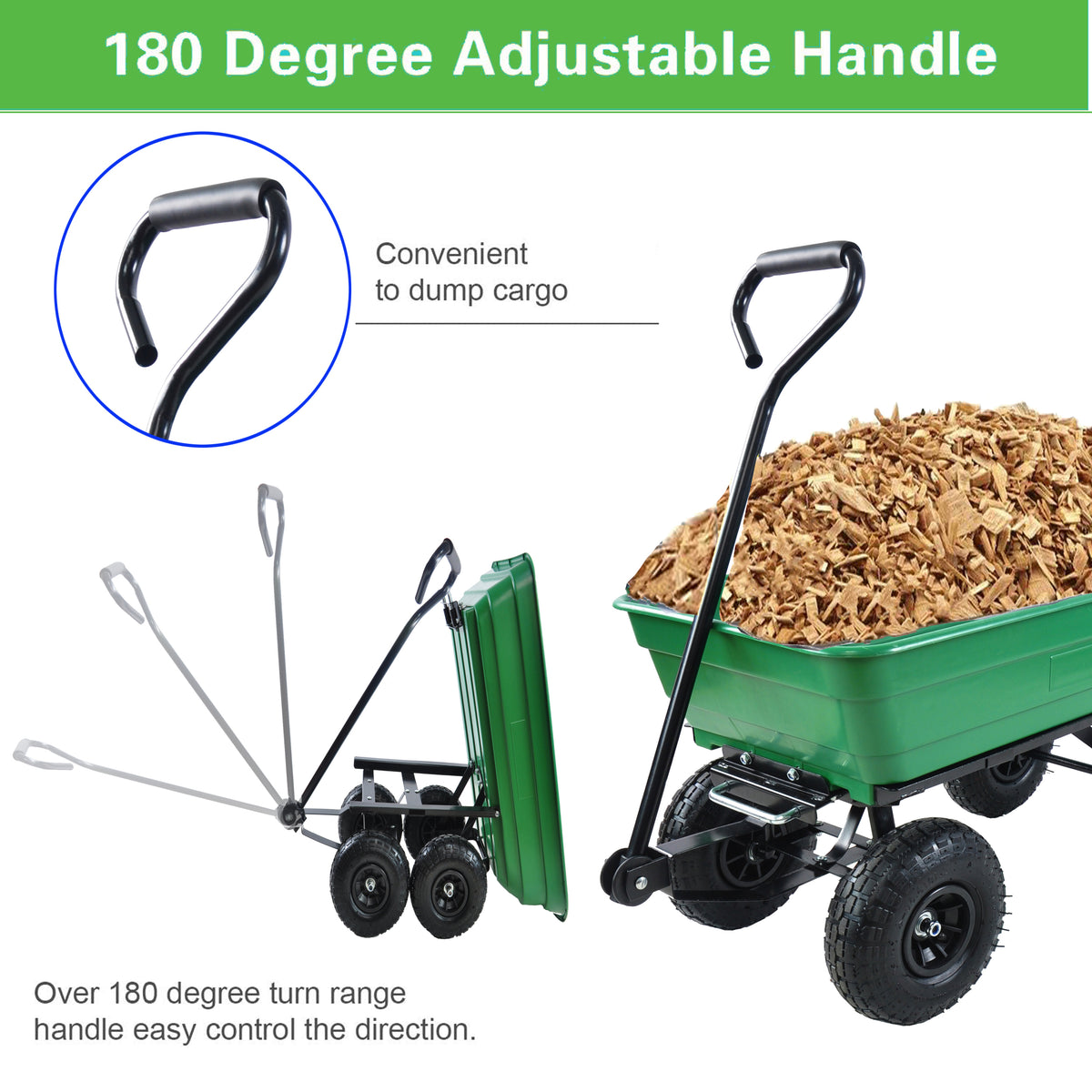 Folding Car Poly Garden Dump Truck With Steel Frame, 10 Inches. Pneumatic Tire, 300 Pound Capacity, 75 Liter Truck Body Grass Green Metal