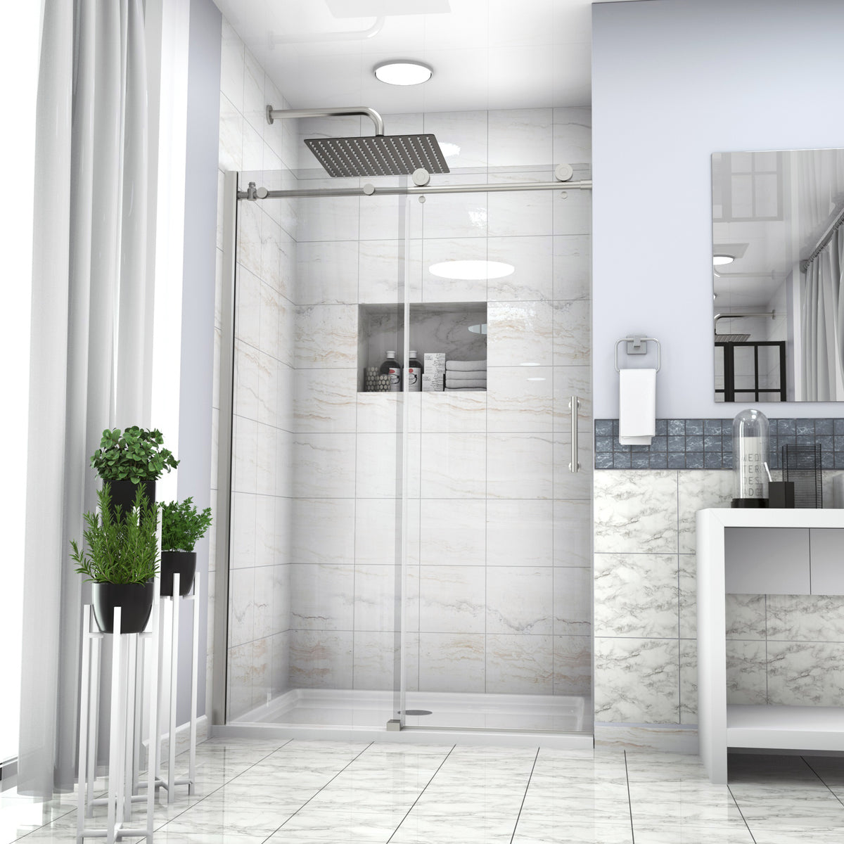 Shower Door 48" W X 76"H Single Sliding Bypass Shower Enclosure,Brushed Nickel Brushed Nickel Glass