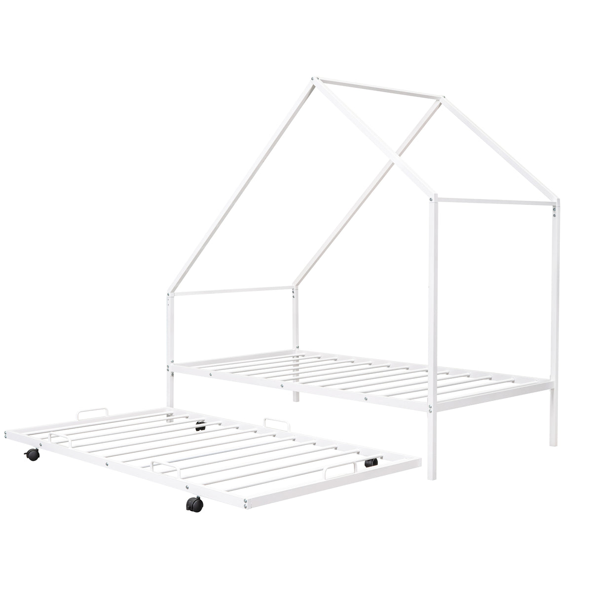 Metal House Bed With Trundle, Twin Size House Bed White White Metal