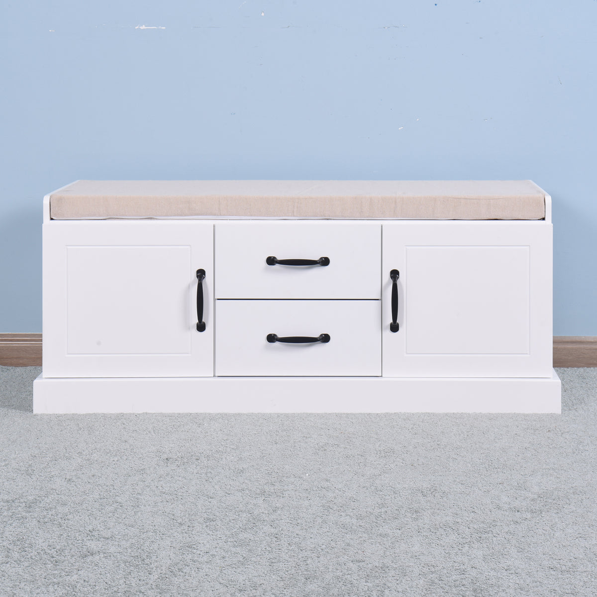Wooden Entryway Shoe Cabinet With 2 Drawers And 2 Doors Living Room Storage Bench With White Cushion White Mdf