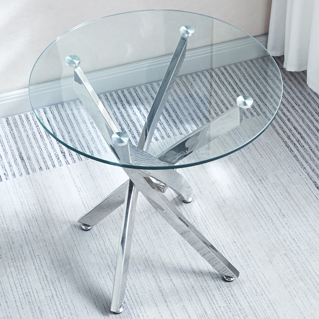 Modern Round Tempered Glass End Table With Stainless Steel Legs Silver Glass