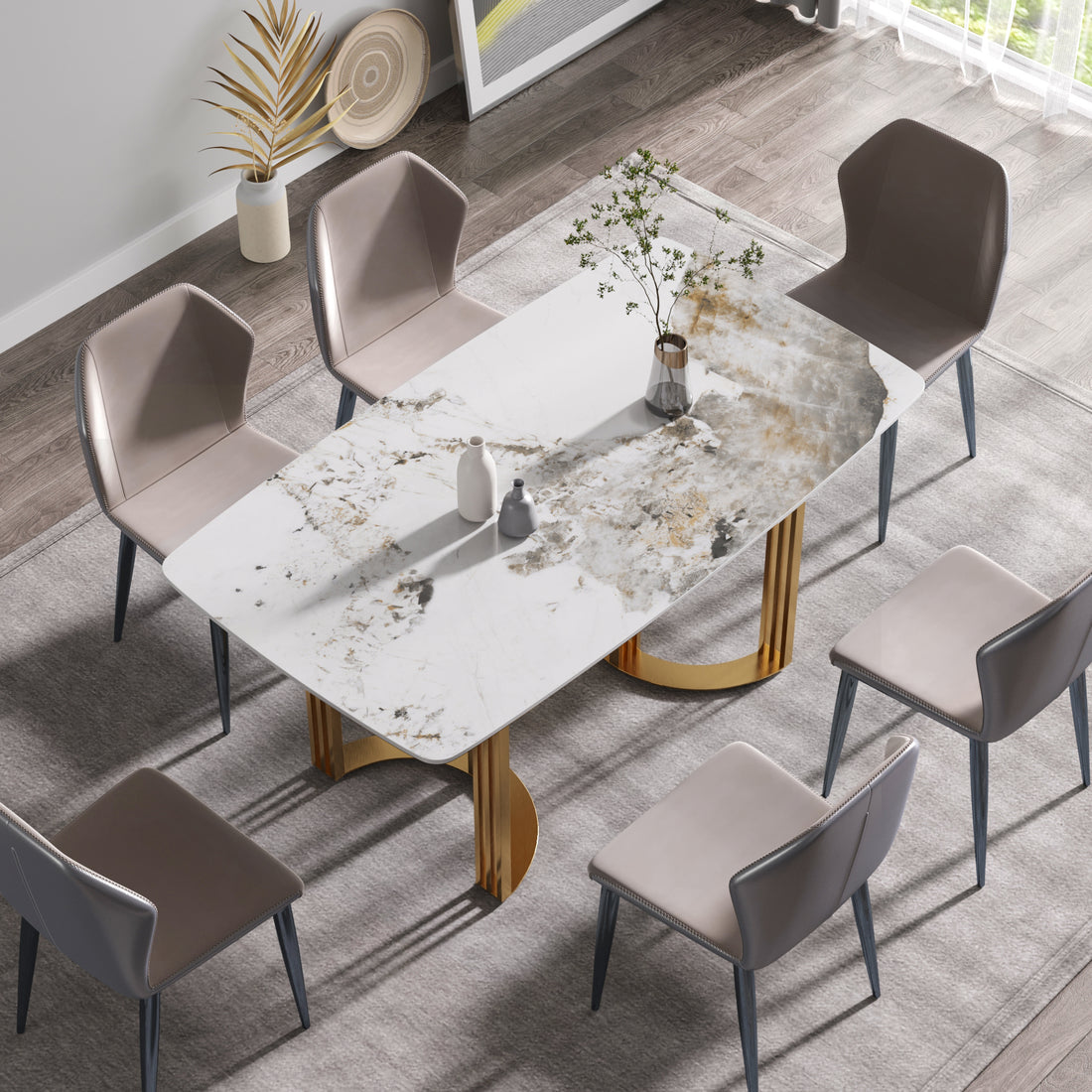 63"Modern Artificial Stone Pandora White Curved Golden Metal Leg Dining Table 6 People Antique White Metal Sintered Stone