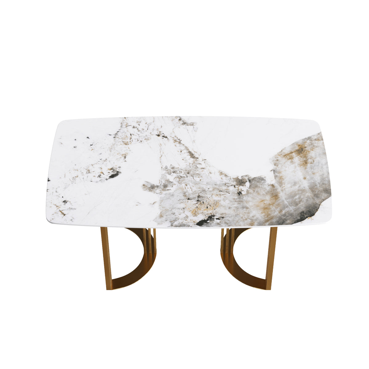 63"Modern Artificial Stone Pandora White Curved Golden Metal Leg Dining Table 6 People Antique White Metal Sintered Stone
