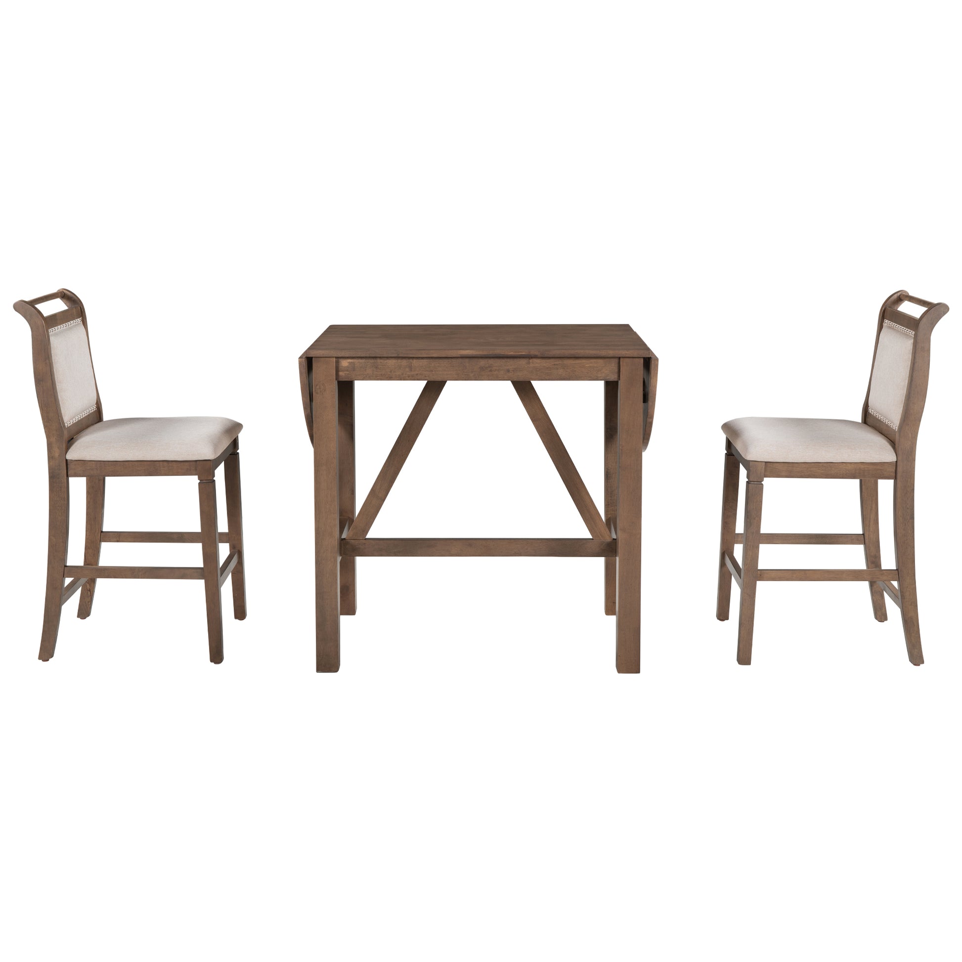 3 Piece Wood Counter Height Drop Leaf Dining Table Set With 2 Upholstered Dining Chairs For Small Place, Brown Brown Wood Dining Room Folding Rubberwood Oval Dining Table With Chair Upholstered